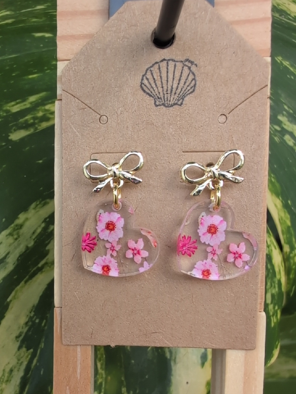 Gold Bow Earrings with Pink Floral Heart Drops